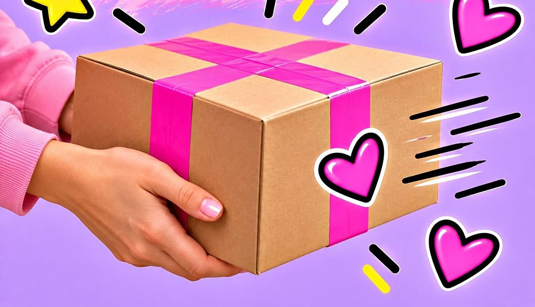 Hands holding a cardboard box wrapped with pink tape, ready for dispatch