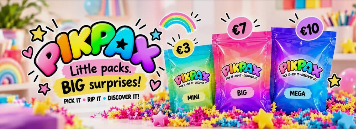 PikPax Mini, Big and Mega packs lined up on a table of rainbow confetti, priced €3, €7 and €10